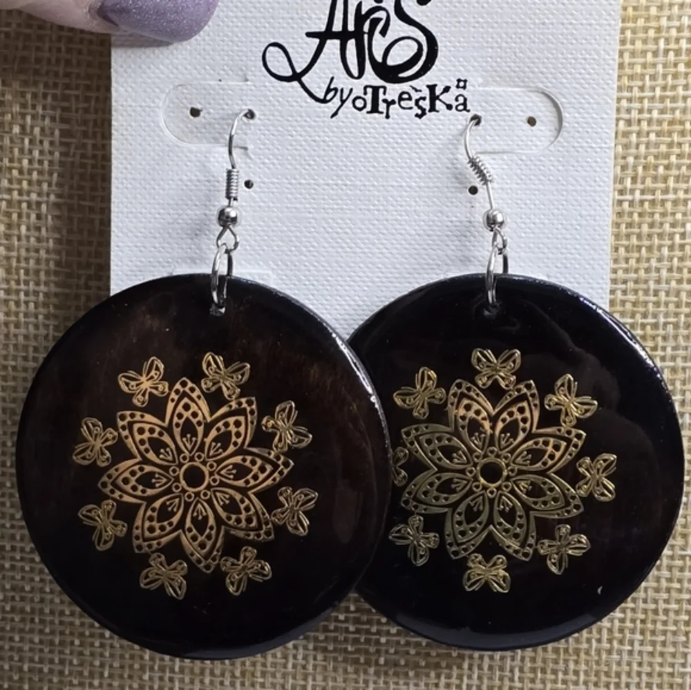 Treska Earrings Brown & Gold Flower Round Dangle Drop‎ Bohemian New